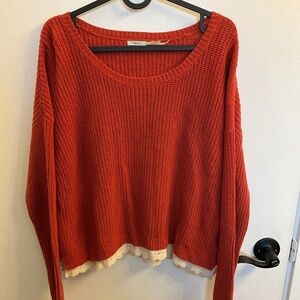 Cotton and acrylic orange knit sweater with white lace hem - size medium